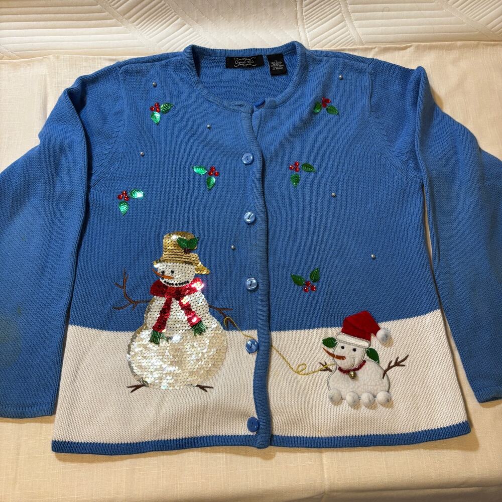 Vintage Crystal Kobe Christmas Cardigan S Sequin Snowman Blue Ramie Cotton